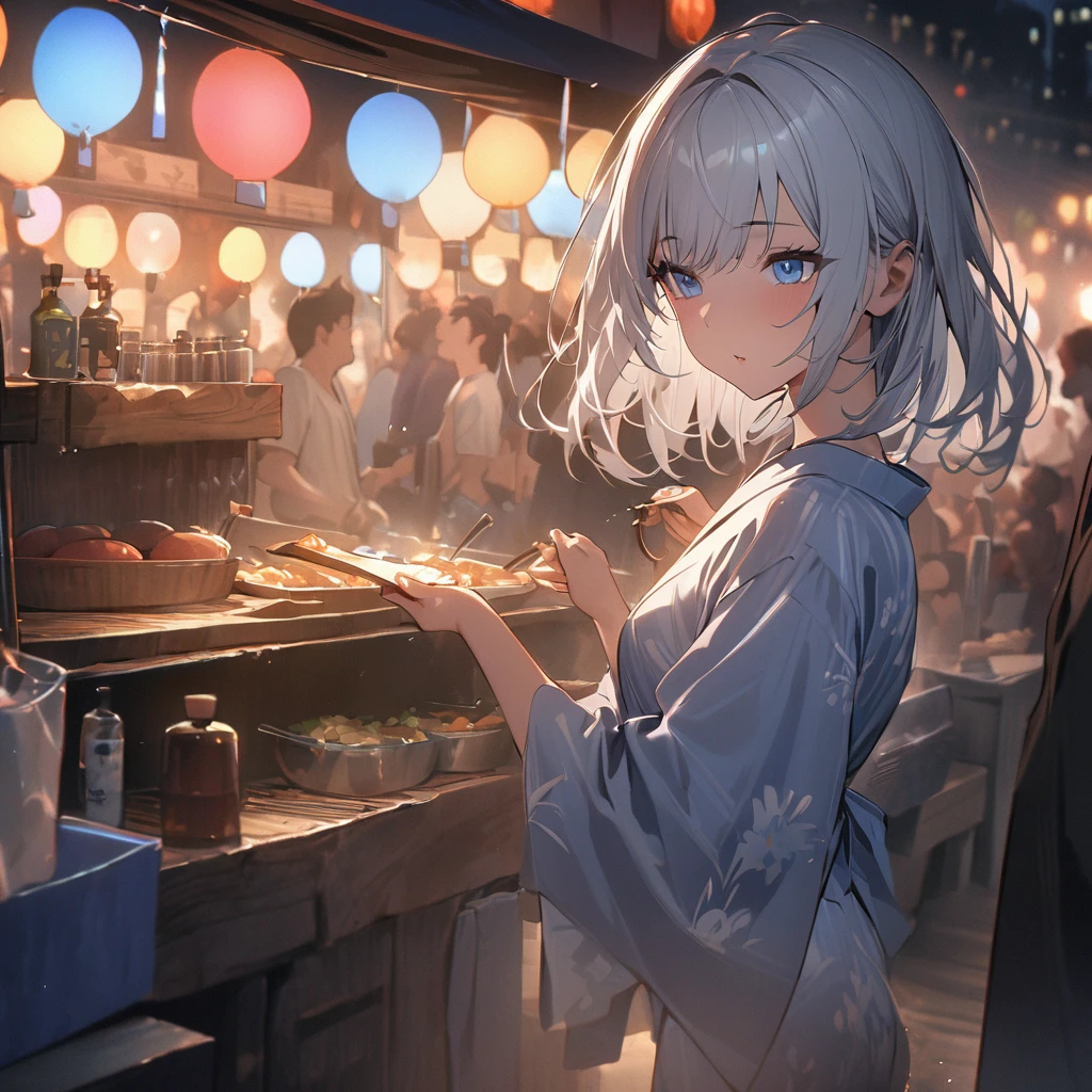 One girl、(((最high quality)), ((masterpiece)), (detailed), masterpiece, 最high quality, high quality, 超detailed, Perfect Face, ((One girl, blue eyes, Silver Bob Hair,))、Shiny Hair、Glowing Skin、yukata、Sandals、Small Breast Summer、port、stall、firework