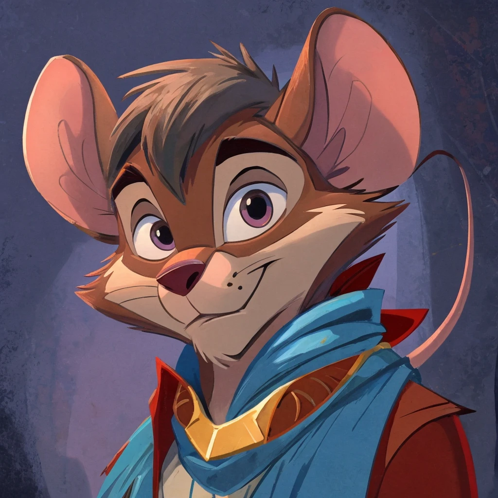 male mouse, gray fur, blue scarf, concept art, original OC, sfw, art in the style of disney, beautiful mouse, inspired by Don Bluth, in style of disney animation, inspired by Johannes Helgeson, adorable digital painting, disney concept art, closeup character portrait, digitally painted