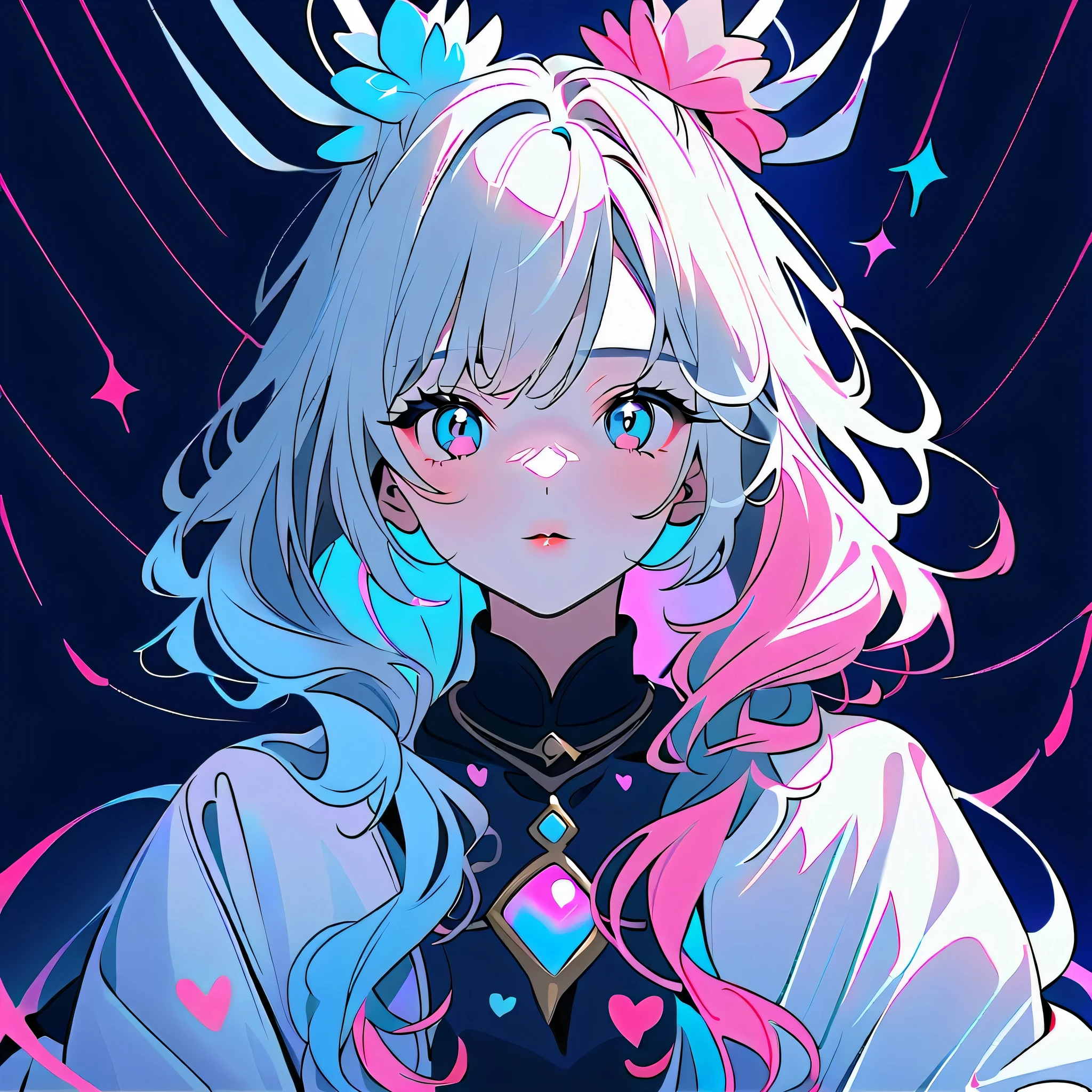 Black Star Pink and White style, Simple Line Initialism，Abstract art，Urban Background, (((The most beautiful girl of all time))), Sweet face. Lips in love, colorful hearts, stylish design