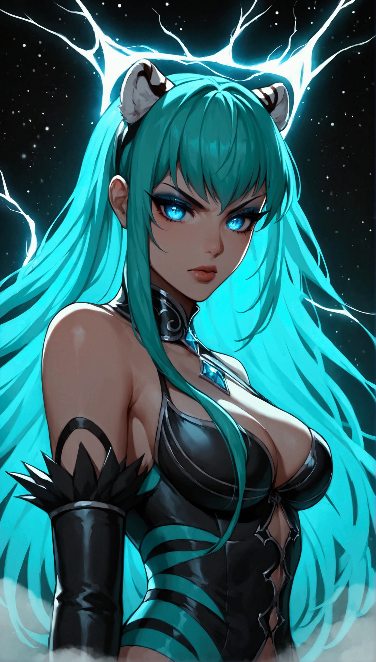 lum, 1girl, long hair, tiny horns, (two-tone hair, green hair, aqua hair:1.1), bangs, blue eyes, eyeshadow, Solo, thick lineart, Diamond aura, symmetrical, slender, blue fingers with sparks and electricity, long tiger-stripped latex gloves, tiger-stripped thigh boots, tiger-stripped leather thigh boots, long legs, dominatrix pose, dark cosmic background, gothic lolita dress, detmore, (masterpiece:1.4), (highest quality:1.2), (ultra detailed:1.3), High resolution, extremely detailed, unity 8k wallpaper, intricate details, absurdity, Sparkling, score_7_up, score_8_up, score_9_up, anime coloring, source_anime, скалит зубы, очень недовольная, JK, a ferocious angry girl, beautiful detailed eyes, beautiful detailed lips, extremely detailed eyes and face, long eyelashes, sharp teeth baring, dramatic angry expression, dark brooding atmosphere, dramatic lighting, dark fantasy, digital painting, cinematic, moody colors, rich textures, 8k, highres,