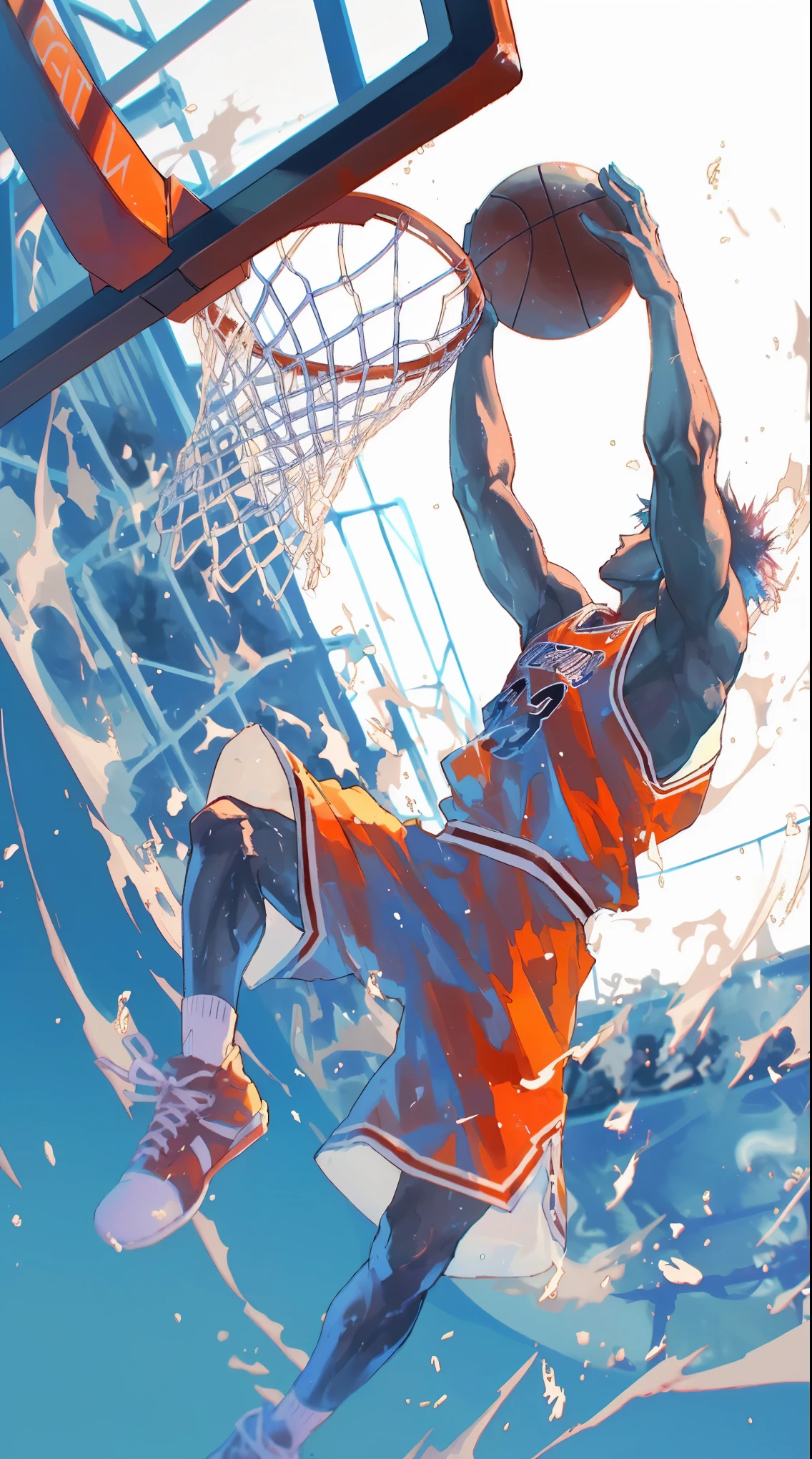 身穿橙色和白色的篮球运动员跳跃Dunk, scence of Slam Dunk, 4k comics wallpaper, Dunk, Slam Dunk, Clean and detailed anime art, Sachten&#39;s Style, Anime style 4k, Anime Art Wallpaper 4K, Anime Art Wallpaper 4K, HD Anime Art, A beautiful artistic illustration, 4k anime wallpaper