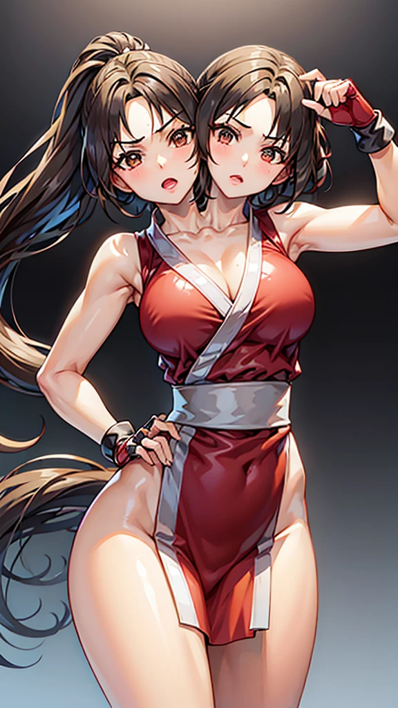 (masterpiece, best quality), best resolution, 16k, BREAK close-up, BREAK, (2heads:1.5), (cheek-to-cheek), 1girl, solo, BREAK yurims, headband, dougi, spandex, gloves, fingerless gloves, leggings, BREAK shiranui mai, brown eyes, long hair, brown hair, white ribbon, sleeveless, ponytail, sash, pelvic curtain, arm guards, gloves, tabi, BREAK ((eyes up looking sideways:1.3)), BREAK angry, fighting, frustrating, open mouth, BREAK simple background