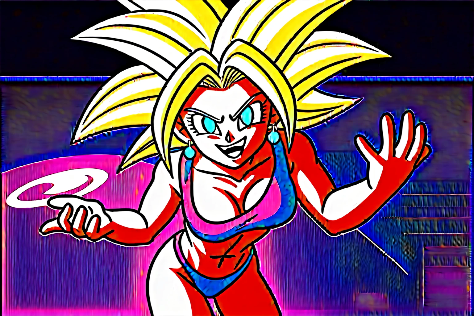 artwork, best quality, ssjcaulifla, hair blonde, water eyes, top of the tube, purple pants, clamps, cowboy shot, gazing at viewer, he used to smile, furled brow, hands on hips, sky, clouds, breasts big, ((big-ass)),(((aura of super saiyan power around))).