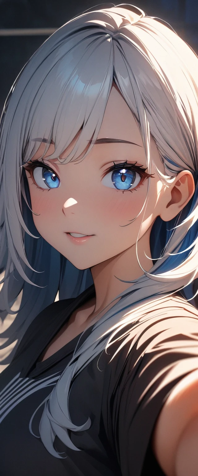 (high quality, 8k, 4K, High Contrast, masterpiece:1.2, 最high quality, Best aesthetics), 1 Female, (Real skin texture:1.3), (Film Grain:1.3), (Selfie angle, High angle), One girl, Beautiful and detailed eyes and face, 最high quality, close, Upper Body, Blueinnerhair