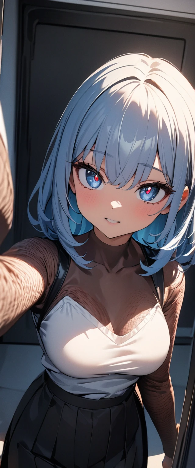 (high quality, 8k, 4K, High Contrast, masterpiece:1.2, 最high quality, Best aesthetics), 1 Female, (Real skin texture:1.3), (Film Grain:1.3), (Selfie angle, High angle), One girl, Beautiful and detailed eyes and face, 最high quality, close, Upper Body, Blueinnerhair