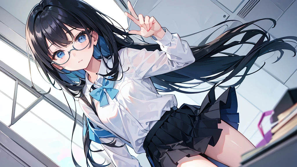 young girl, high , classroom, skirt, light blue eyes, black hair, glasses