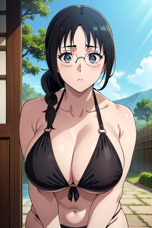 ((masutepiece, absurderes, texture, ultra-detailliert, Best Quality, High resolution, anime screen cap:1.5, Photorealistic)), 1girl in, Cute, Katori, Black hair, Glasses, Single braid, large full breasts, (Black Bikini:1.5), (White kimono), (bent over, upper body, looking at view), (Perfect Anatomy, Beautiful skin, Beautiful detailed face, beatiful detailed eyes), thick outline, black outlines, garden