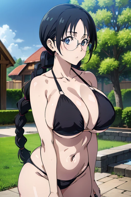 ((masutepiece, absurderes, texture, ultra-detailliert, Best Quality, High resolution, anime screen cap:1.5, Photorealistic)), 1girl in, Cute, Katori, Black hair, Glasses, Single braid, large full breasts, (Black Bikini:1.5), (White kimono), (bent over, upper body, looking at view), (Perfect Anatomy, Beautiful skin, Beautiful detailed face, beatiful detailed eyes), thick outline, black outlines, garden