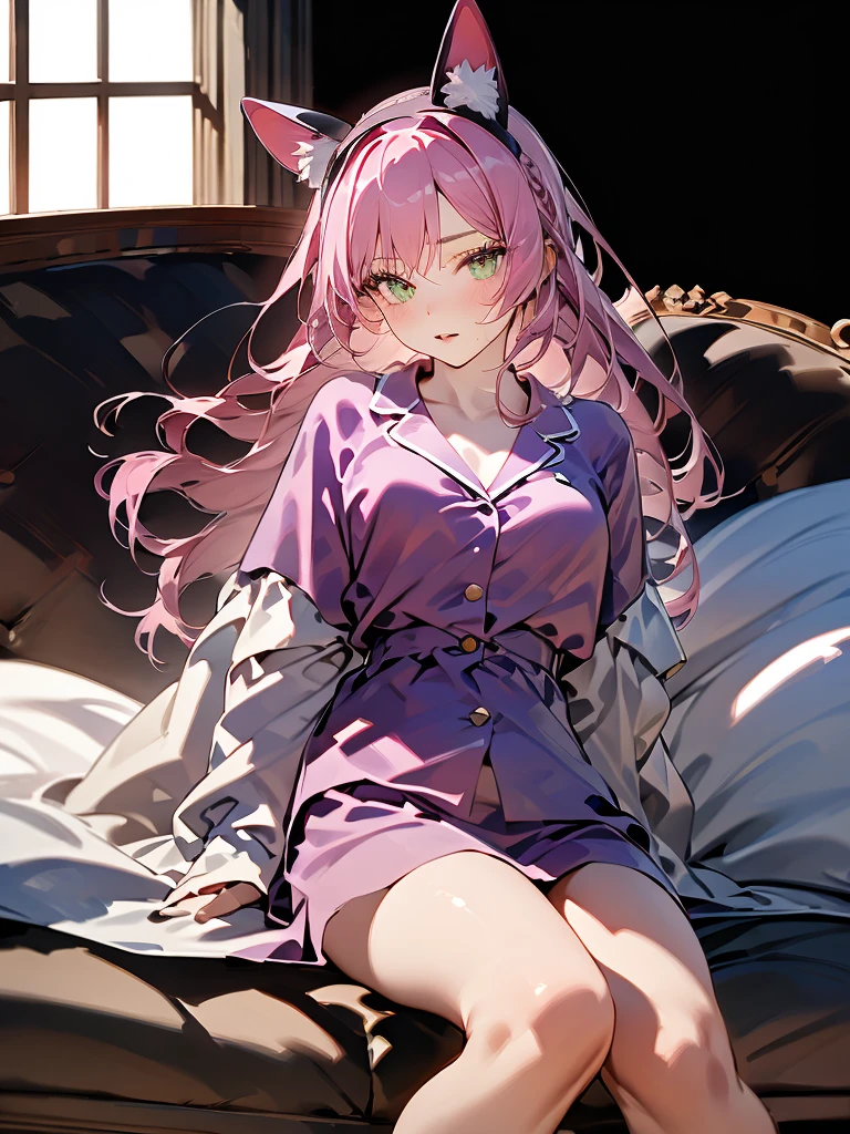 Highest image quality,top quality,1girl,20 years old,long hair,pink hair,fake animal ears,pajamas,stand,sunset,on sofa