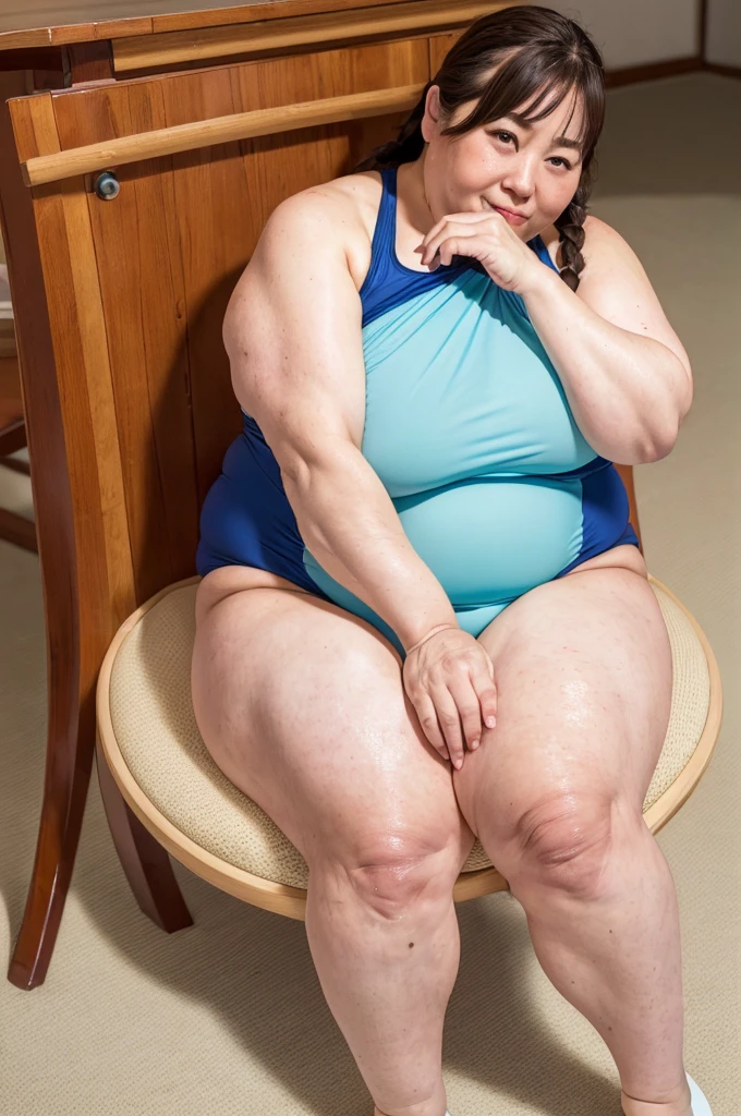 (obesity:1.1), (((Photo Composition))),(highest quality,High resolution,8k:1.7),perfect anatomy,Gravure break Japanese,Granny,(Saggy breasts),Thick upper arms,Thick legs,Mature Woman,Wrinkled skin,stain,Saggy belly,Double chin,Sweaty skin break swimsuit,Pool,Ribbon Break Brown Hair,Long Hair,Braid,