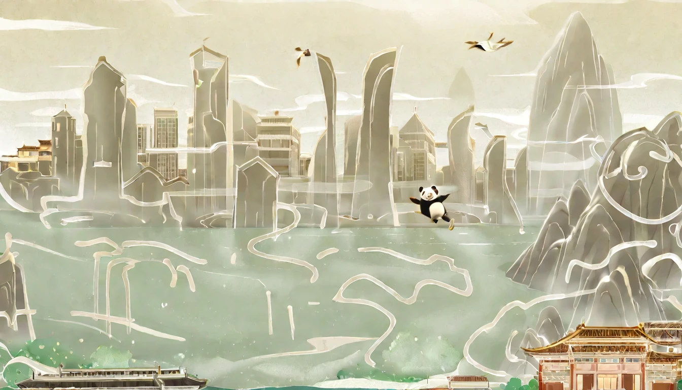Cartoon illustration of a panda flying over the city,Minimalist style,Buildings and river in the city, Chengdu, Stylized digital illustration, Chengdu传统城市, 大City background, Chengdu城市, Chengdu, Background Artwork, Chengdu, gta chinatowon art style, City in the background, Anime style cityscape, City background, Vector Art, City view during the day, 幻想City background
