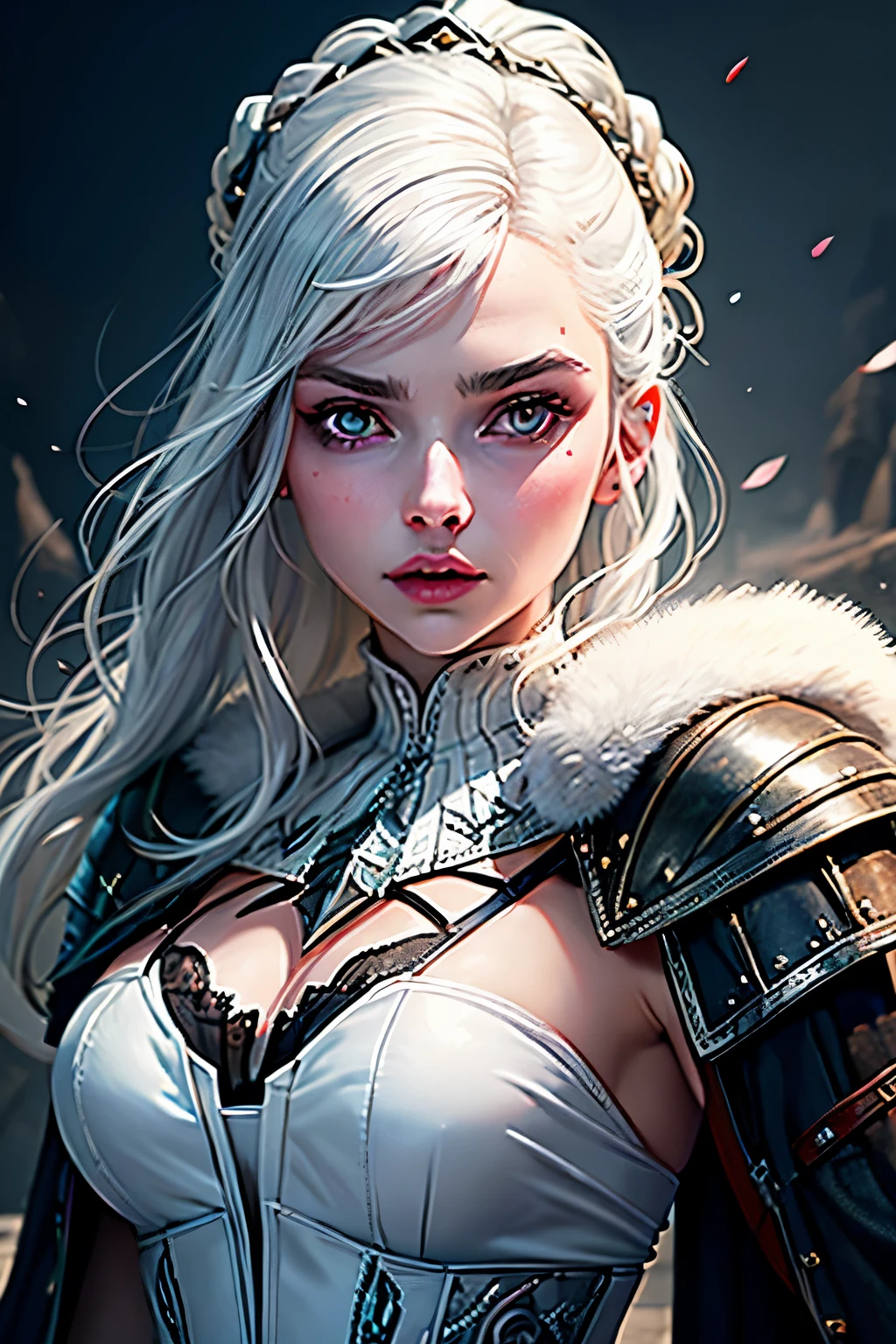 a woman with white hair and a silver jacket poses for a photo, digital art inspired by Louisa Matthíasdóttir, Reddit, fantasy art, Ciri from The Witcher, Anya Taylor - Joy vampire queen, from Witcher (2021), Anya Taylor - Joy, Anya Taylor-Joy, Daenerys, Emilia Clarke as a Greek goddess