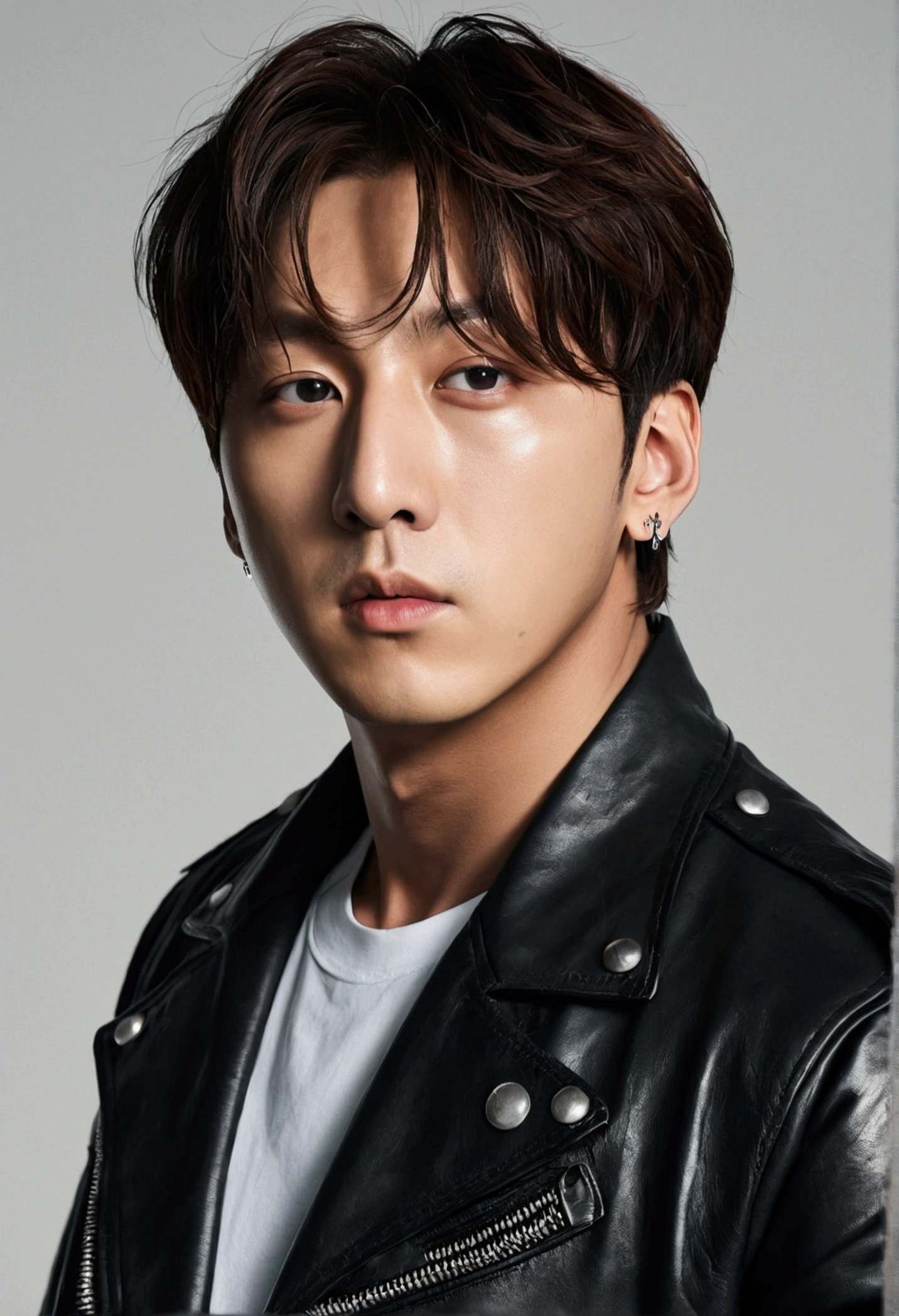 Uma foto realista, fotorrealista: 1.4 Arte oficial, ultra detialed, Beautiful and aesthetically pleasing, bonito, master part, da melhor qualidade, homem elegante, tatuado no rosto,leather jacket, Parece reto,um closeup de um, jungkook do bts