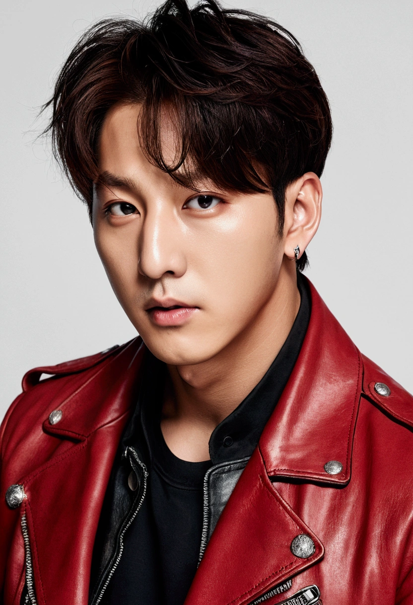 Uma foto realista, fotorrealista: 1.4 Arte oficial, ultra detialed, Beautiful and aesthetically pleasing, bonito, master part, da melhor qualidade, homem elegante, tatuado no rosto,leather jacket, Parece reto,um closeup de um, jungkook do bts
