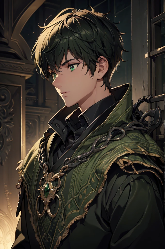 (Top quality details:1.22), 8K, High Resolution, Super detailed, High-quality texture, Intricate details, Detailed Texture, In detail, High detail, High Quality Shadows, Beautiful and kind eyes, Depth of written boundary, dark theme, 1boy, green eyes, black hair with green tips, adventuring gear, adult, male, tan skin