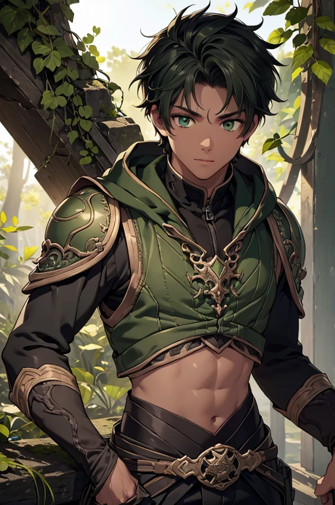(Top quality details:1.22), 8K, High Resolution, Super detailed, High-quality texture, Intricate details, Detailed Texture, In detail, High detail, High Quality Shadows, Beautiful and kind eyes, Depth of written boundary, dark theme, 1boy, green eyes, black hair with green tips, adventuring gear, adult, male, tan skin