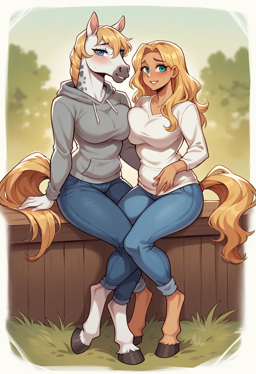 lap, looking horny, next to a horse,, horny expression, ( female girl turning into a female horse with white fur with gray spots), not too fat, digitigrade, female, clothes, breast, bust, wearing a grey hoodie and blue jeans , BREAK (by zackary911, by braeburned, by haps), (transformation:1.2), on knees, ripped clothes, (human face:1), longish blonde hair, fur, in a barn, next to a horse with the same fur, horse facial features,mostly transformed into a horse, BREAK
