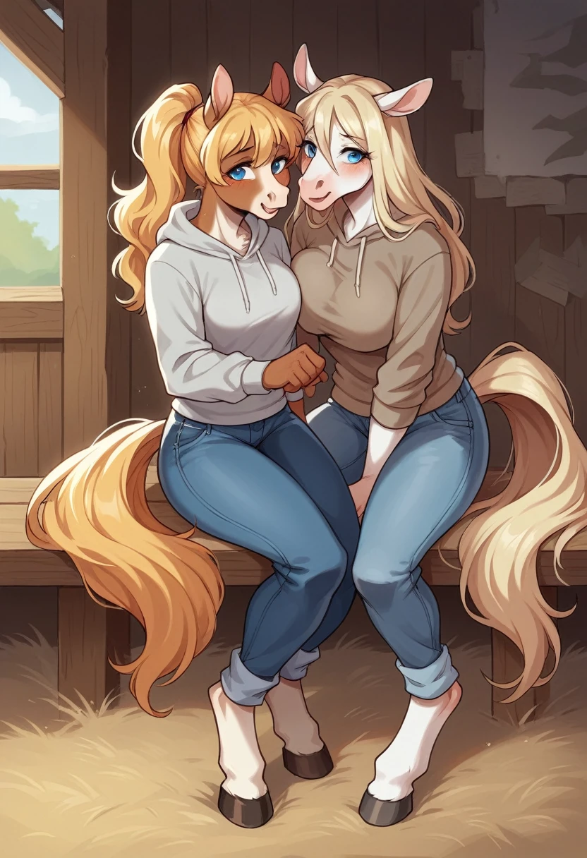 lap, looking horny, next to a horse,, horny expression, ( female girl turning into a female horse with white fur with gray spots), not too fat, digitigrade, female, clothes, breast, bust, wearing a grey hoodie and blue jeans , BREAK (by zackary911, by braeburned, by haps), (transformation:1.2), on knees, ripped clothes, (human face:1), longish blonde hair, fur, in a barn, next to a horse with the same fur, horse facial features,mostly transformed into a horse, BREAK
