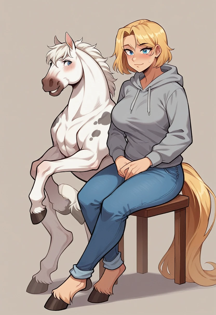lap, looking horny, next to a horse,, horny expression, ( female girl turning into a female horse with white fur with gray spots), not too fat, digitigrade, female, clothes, breast, bust, wearing a grey hoodie and blue jeans , BREAK (by zackary911, by braeburned, by haps), (transformation:1.2), on knees, ripped clothes, (human face:1), longish blonde hair, fur, in a barn, next to a horse with the same fur, horse facial features,mostly transformed into a horse, BREAK
