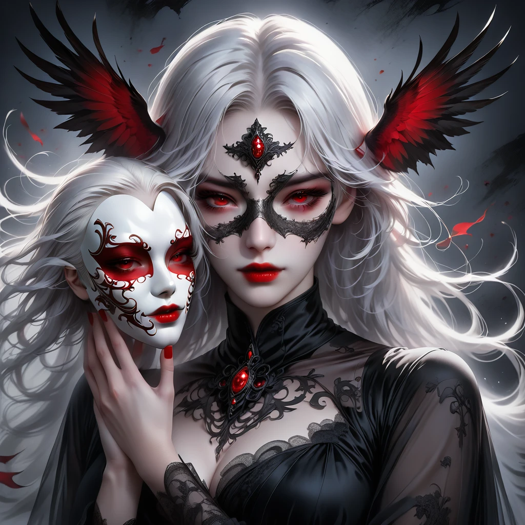 （Hand holding mask：1.5），（White-haired ghost，straight hair，Red eyes），（gothic art），（Fear：1.5），（correct human anatomy：1.37）