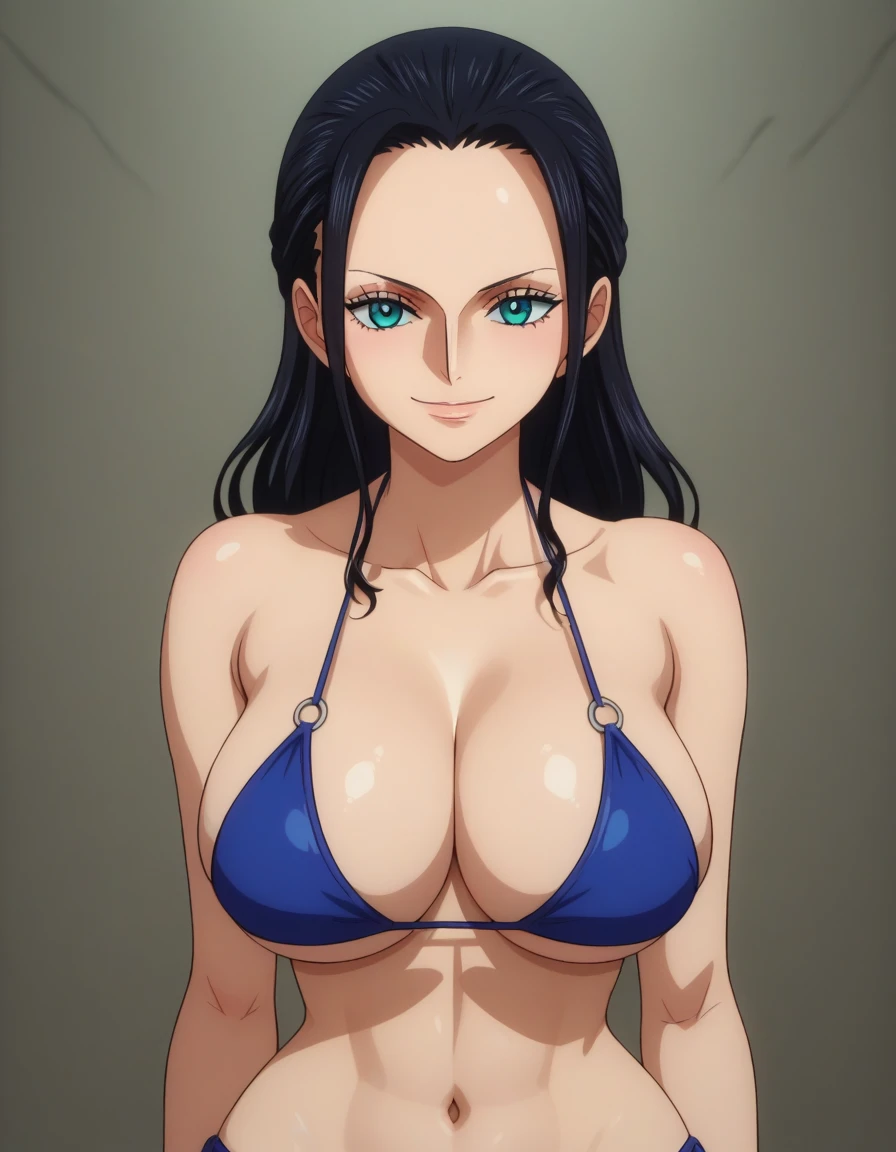 score_9, score_8_up, score_7_up, source_anime, anime screencap, one_piece_style, Nico Robin, black hair, long hair, blue eyes, large breasts, perfect body, bikini, looking at viewer, smile, cleavage, from front, upper body, looking at viewer