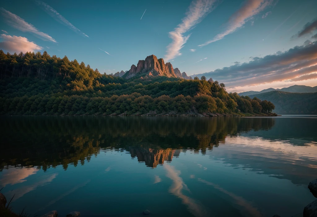 Photography that captures the essence of a magical dream world. The cliff of epic legend，Hanging over a beautiful lake, Surreal and vibrant colors light up its reflections. The atmosphere is otherworldly, Soft nightlight casts ethereal shadows. Images create a sense of depth and mystery, It’s as if the audience is transported to another dimension, Create beautiful and memorable compositions. Shot using Canon EosIII Zeiss 120mm wide angle