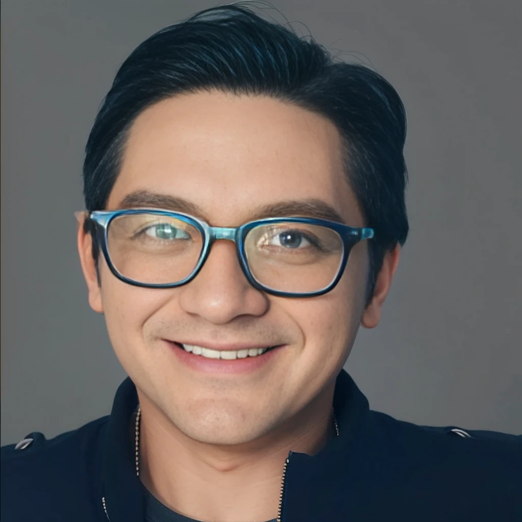 Pixar 3D style animation character, a man, short side-parted hair, glasses, wearing a dark green t-shirt, light blue background. blueprints, 3D realistic rendering, high resolution textures, dramatic lighting, expressive caricatures, smiling facial expressions, dramatic intense perspectives