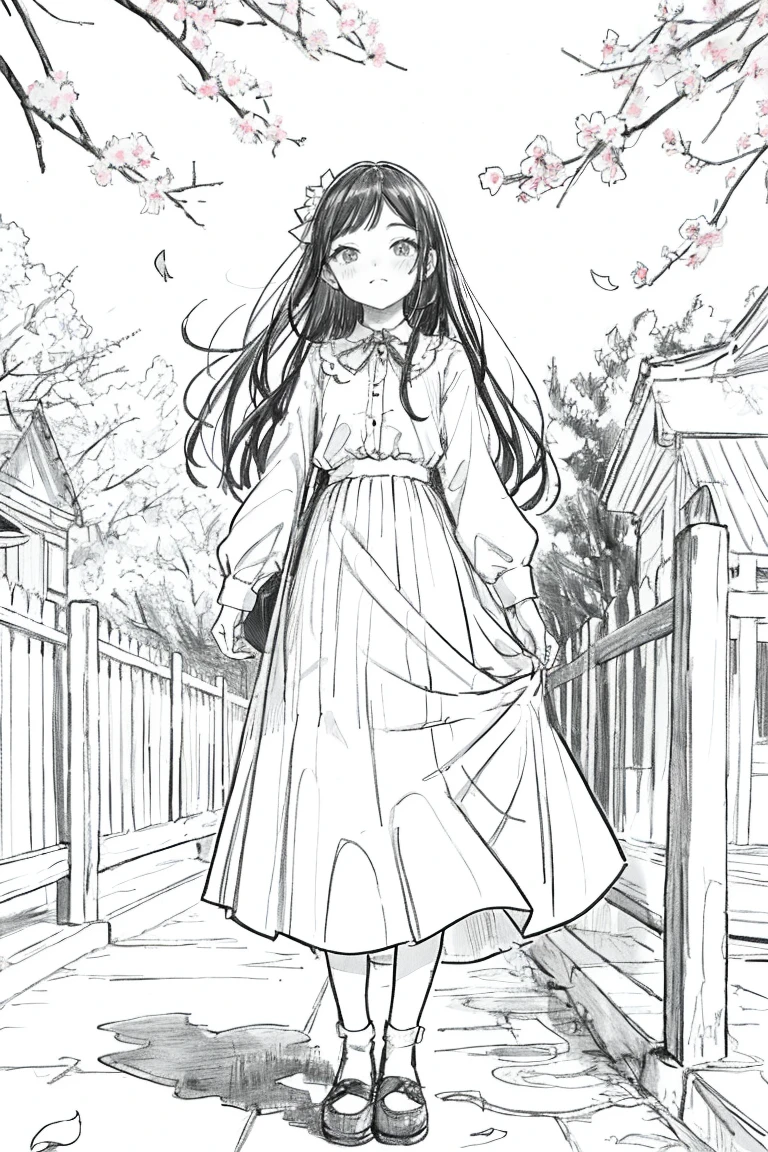 1 girl,line art,monochrome,outline,drawing pencil,Traditional media,1 girl, black overskirt, filial, building, chain-link zaun, Cherry blossoms, zaun, long hair, plein-air, petals, pleated overskirt, Raby, chemise, manga curta, overskirt, standing alone, standing, Tree,
sky,sTreet