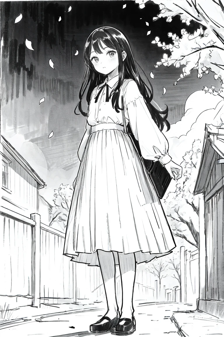 1 girl,line art,monochrome,outline,drawing pencil,Traditional media,1 girl, black overskirt, filial, building, chain-link zaun, Cherry blossoms, zaun, long hair, plein-air, petals, pleated overskirt, Raby, chemise, manga curta, overskirt, standing alone, standing, Tree,
sky,sTreet