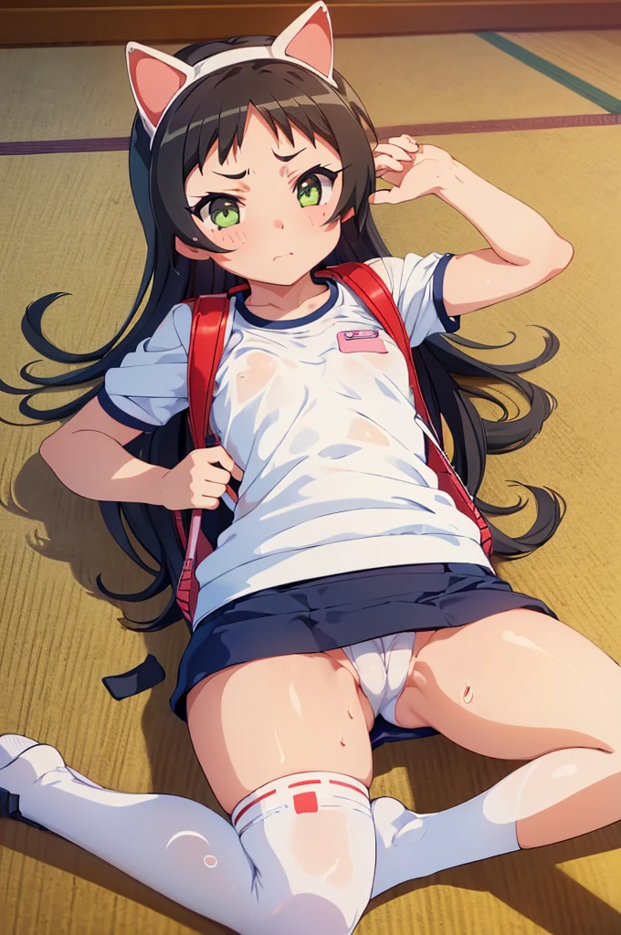 masterpiece, ultra quality, ultra sharp, ultra detailed, 1girl, solo, (good anatomy), haduki kurumi, (tattered torn dripping wet white gym shirt), navy gym pants, animal ears, randoseru, name tag, Japanese anime pose, laugh, BurumaShorts, Buruma, Gym Uniform, (((lying:1.4, spread_legs, legspread, split_legs, spreading legs)), (randoseru backpack:1.4), (((jitome))):1.4, buruma, blue buruma, black buruma, (cameltoe), (tattered torn short sleeve white gym uniform with colored hem), (tiny nipples), (white long loose socks), strong lighting, legspread, bukkake, cum on clothes, cum on legs, cum on buruma, cum on bloomers,