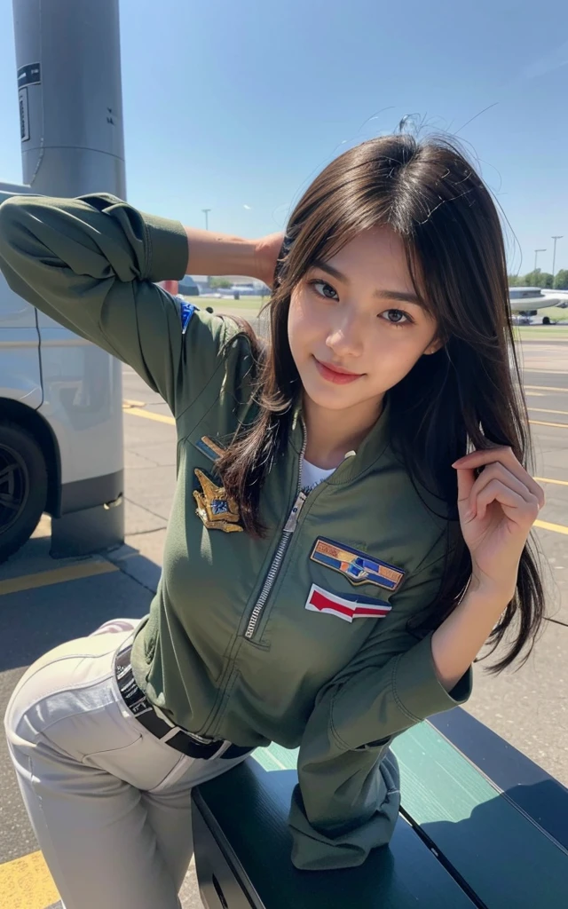 Ultra-high resolution,,超清detail (real, Photo real: 1.37),full-body shot,20 years old, Korean beauty, Smile, Shining eyes, Not suitable for working hours (Nsw) (Nsw) (Nsw) (Nsw) (Nsw),(8K, original photo, Top quality, masterpiece: 1.2), masterpiece, Ultra detailed, HD RAW color photography, Very refined, Very detailed, 8K wallpaper, amazing, detail, Very detailed eyes, Super delicate skin, Extremely delicate fingers, Very detailed的鼻子, 嘴巴detail非常丰富, Perfect Anatomy,Ultra-detailed and complex facial 3D rendering,Big breasts,Air Force pilot,s,(Pilot Helmet),Fighter pilot,Air Force Flight Suit,(Airport),(飞Airport),Cute face,big eyes,White skin