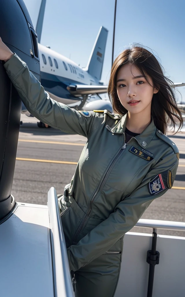 Ultra-high resolution,,超清detail (real, Photo real: 1.37),full-body shot,20 years old, Korean beauty, Smile, Shining eyes, Not suitable for working hours (Nsw) (Nsw) (Nsw) (Nsw) (Nsw),(8K, original photo, Top quality, masterpiece: 1.2), masterpiece, Ultra detailed, HD RAW color photography, Very refined, Very detailed, 8K wallpaper, amazing, detail, Very detailed eyes, Super delicate skin, Extremely delicate fingers, Very detailed的鼻子, 嘴巴detail非常丰富, Perfect Anatomy,Ultra-detailed and complex facial 3D rendering,Big breasts,Air Force pilot,s,(Pilot Helmet),Fighter pilot,Air Force Flight Suit,(Airport),(飞Airport),Cute face,big eyes,White skin