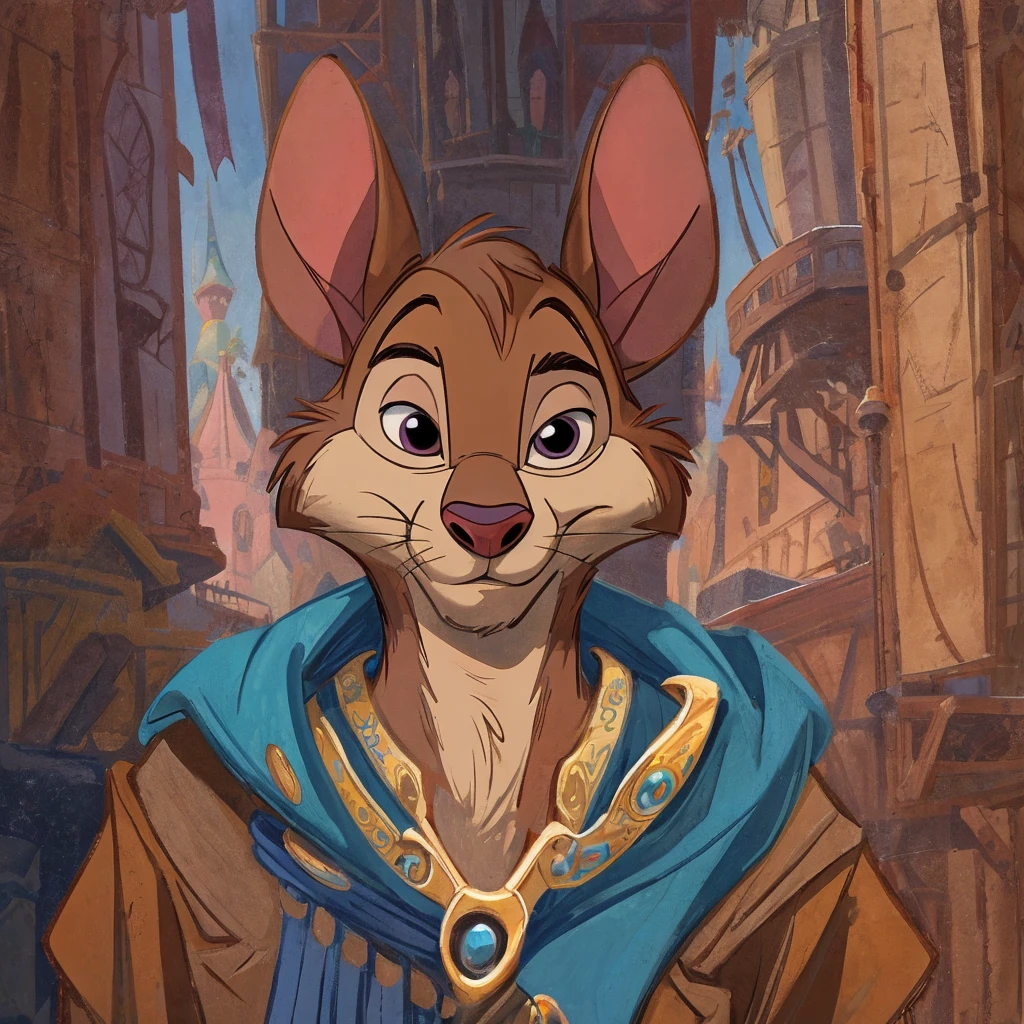 male mouse, gray fur, blue scarf, concept art, original OC, full body, sfw, art in the style of disney, beautiful mouse, inspired by Don Bluth, in style of disney animation, inspired by Johannes Helgeson, adorable digital painting, disney concept art, closeup character portrait, digitally painted