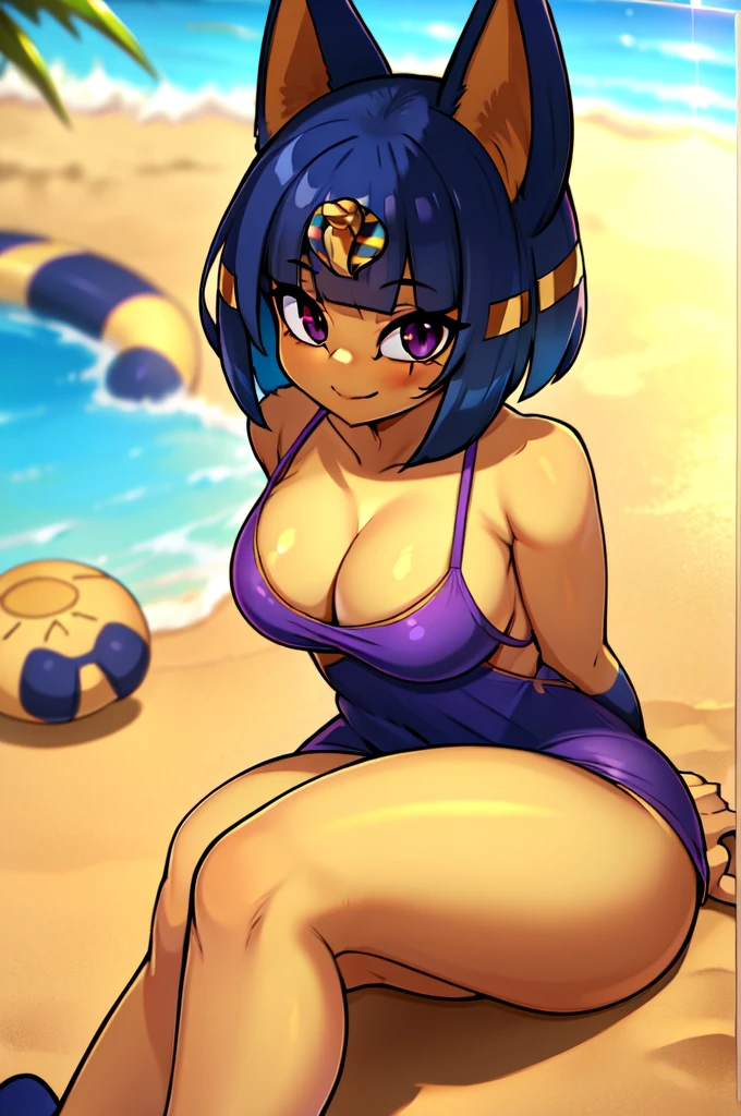 absurdres, highres, ultra detailed, ankha, solo, catgirl, big breasts, blue hair, hair ornament, yellow skin, purple eyes, white dress, sitting, looking at viewer, outdoors, sand, egyptian, smiling