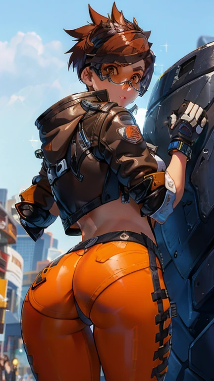 TracerOver, 1 girl, marker (watch), standing alone, orange glasses, chestnut hair, glasses, shorth hair, spiky hair, eyes browns, trunk, to enjoy, jaket, bomber jaket, ssmile, gazing at viewer, May, shirtless, bangss, parted lips, teeths, leathery, lips, brown jaket, leathery jaket, focus on ass