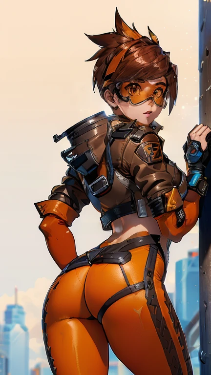 TracerOver, 1 girl, marker (watch), standing alone, orange glasses, chestnut hair, glasses, shorth hair, spiky hair, eyes browns, trunk, to enjoy, jaket, bomber jaket, ssmile, gazing at viewer, May, shirtless, bangss, parted lips, teeths, leathery, lips, brown jaket, leathery jaket, focus on ass