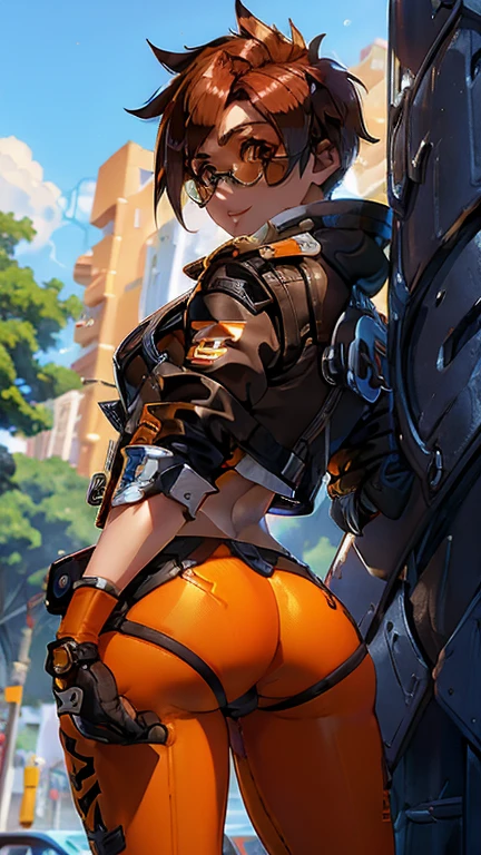 TracerOver, 1 girl, marker (watch), standing alone, orange glasses, chestnut hair, glasses, shorth hair, spiky hair, eyes browns, trunk, to enjoy, jaket, bomber jaket, ssmile, gazing at viewer, May, shirtless, bangss, parted lips, teeths, leathery, lips, brown jaket, leathery jaket, focus on ass