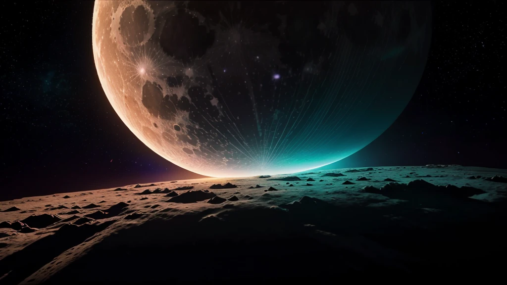 long shot, moon is a floating over the earth that the aliens used to look over the earth, high detail, wide shot, 4K, 3D, REALISTIC, (iridescent glow smoke), UHD, 32K, very bold neon colors, black light, neon light