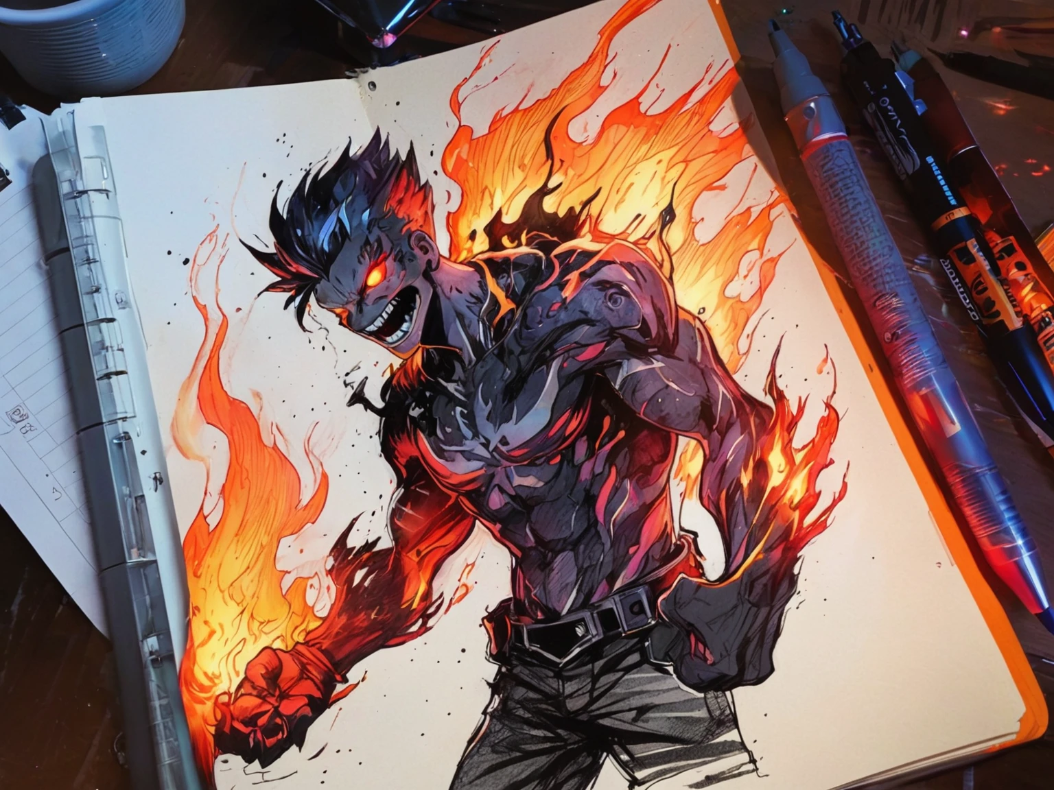 drawing of a man with fire burning on his face, vibrant rossdraws cartoon, por Ryan Yee, detailed fanart, black ink & copic markers, Ross Draws 2. 5, fire demon, anime character detailed art, epic color illustration, colourful drawing de alta qualidade, colourful drawing, :: rossdraws, Ross Draws 2. 0, Ross Draws 1. 0