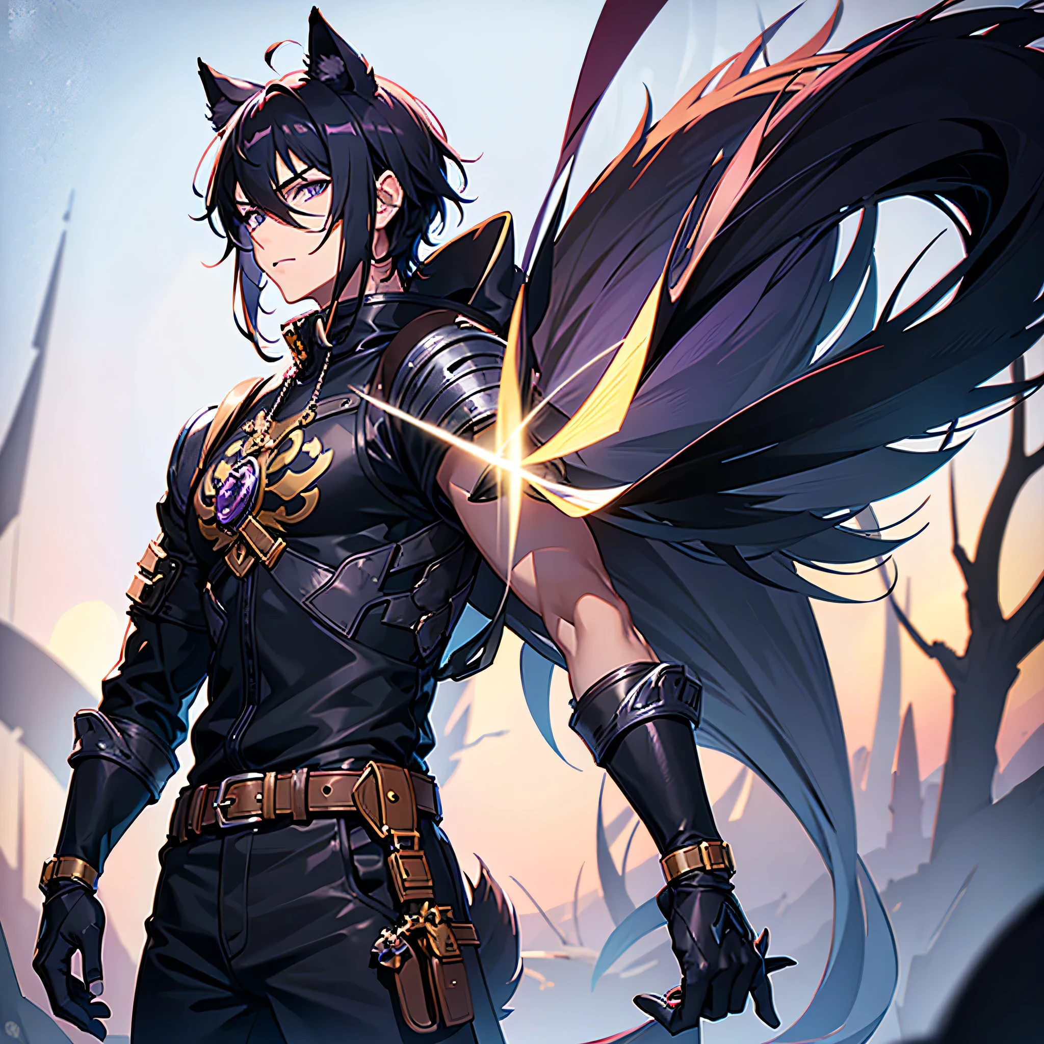 1 young man with panther ears and tail, warrior of a magical forest, purple eyes, anime style, serious face, short black hair, MUSCLE AND TALL, hunter clothing