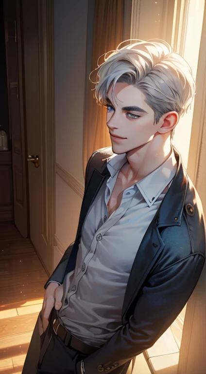 (best quality, masterpiece, 8K, photorealistic, cinematic lighting, 1:4 hdr image, top view, ultra detailed, beautiful image), a mature man, very handsome, smile in love, short grey hair, blue eyes, perfect face without errors , ((buttoning his jacket, CEO))