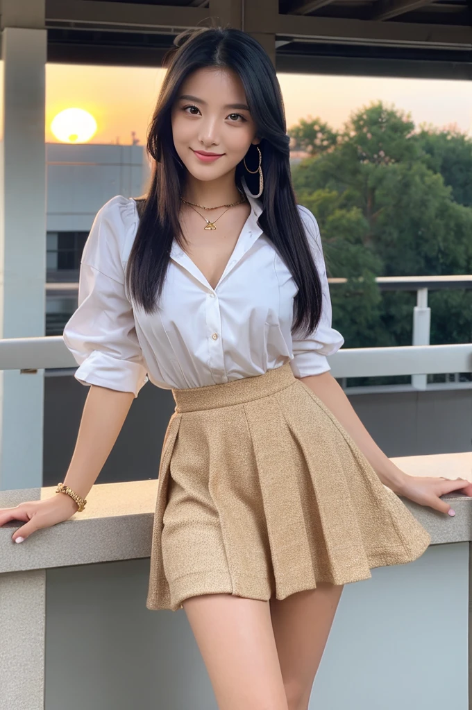 Rooftop of university building, 4th year university student, ((full body)), ((photo)), ((best qualtiy, 8K, tmasterpiece:1.3)), Focus:1.2, perfect figure beautiful girl:1.4, 1girl, cowboy shot, look at viewer, eyes facing the camera, incredibly absurd, beautiful and cute girl with a photorealistic face, showcasing top-quality craftsmanship, A Japanese girl watching the sunset on the roof of a university building, 19 years old, long, straight, silky black hair, fair skin, big eyes, thin eyebrows, double eyelids, long eyelashes, pink lips, smile, devilish smile, gorgeous features, well-defined facial features, beautiful face line, mysterious beauty, slender, tall, well-balanced proportions, large E-cup breasts, white shirt, tight black skirt, beige pumps, gold necklace and bracelet, small earrings, elegant ring, pretty girl, beauty, devilish type, pretty older sister, passionate about art, sociable, friendly, positive, has leadership skills, is proactive, is flexible, gets things done efficiently, works hard towards dreams and goals, March