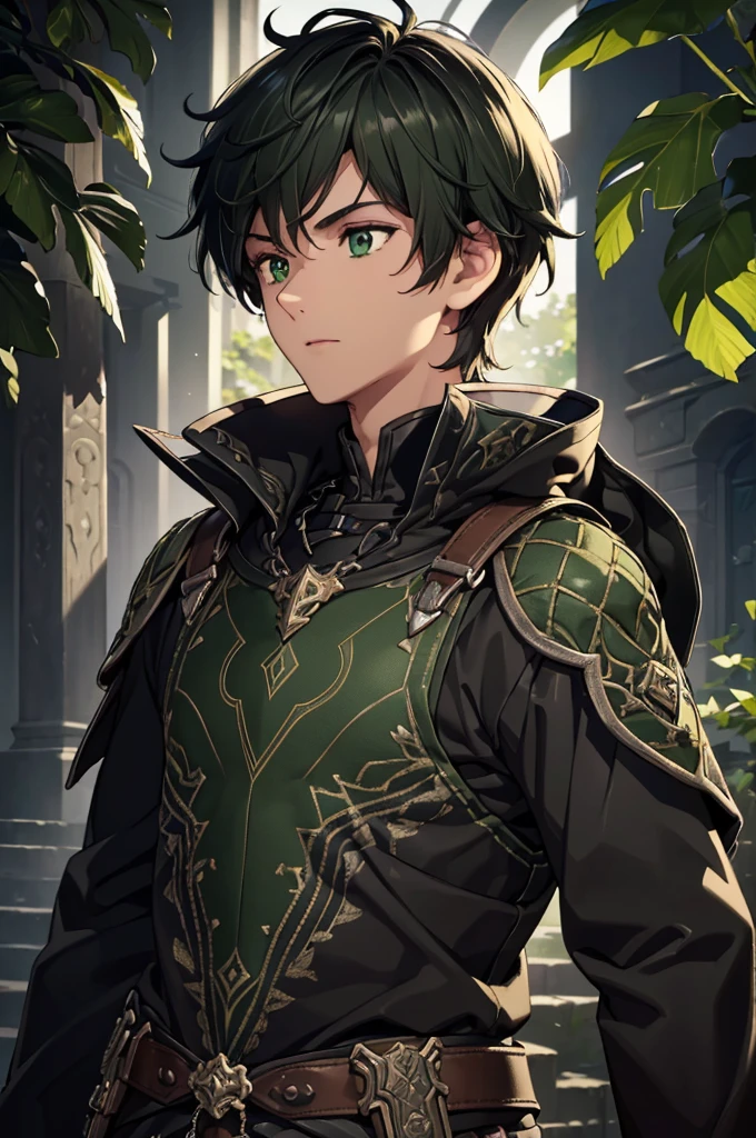 (Top quality details:1.22), 8K, High Resolution, Super detailed, High-quality texture, Intricate details, Detailed Texture, In detail, High detail, High Quality Shadows, Beautiful and kind eyes, Depth of written boundary, dark theme, 1boy, green eyes, black hair with green tips, adventuring gear, adult, male, tanned skin