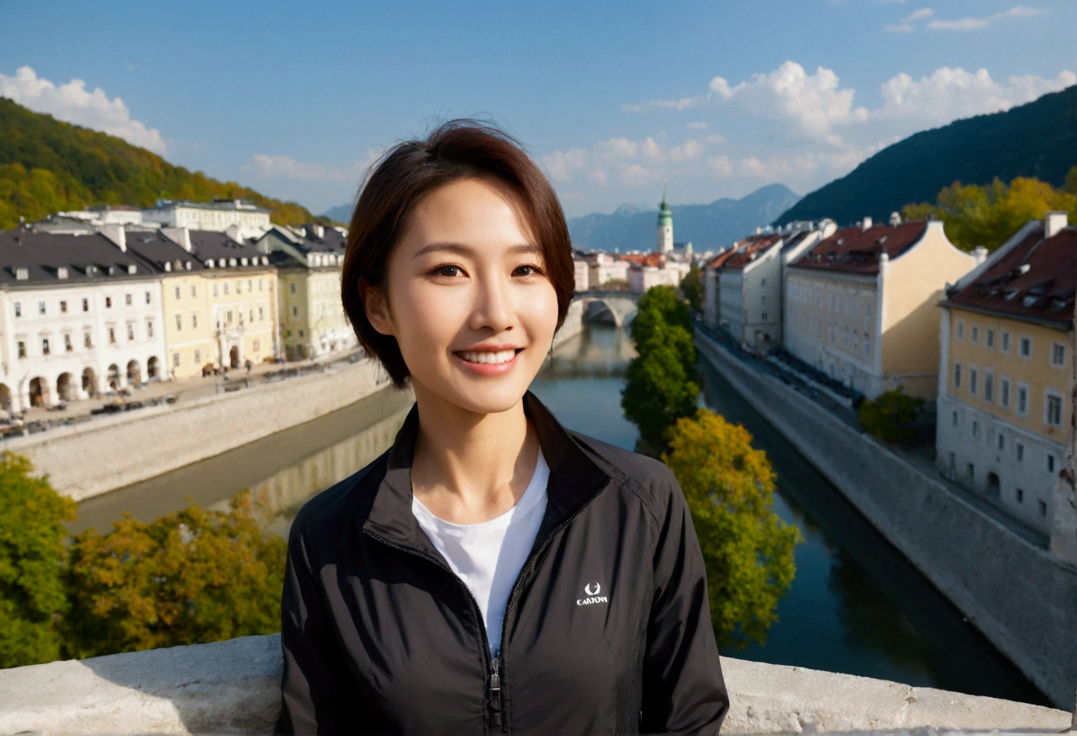 high quality, 1 woman, ((36-year-old healthy Korean woman)), ((36 years old)), 1 woman, eyes are big and beautiful. ((slim)), ((short medium hair)), Smile. pose: standing, windbreaker jacket, background:Your residence is a baroque townhouse with a plaster façade and wrought iron railings.. Overlooking the Salzach River and Hohensalzburg Fortress, looking slightly up, 1 woman, Full body shot with Canon 16-34 wide angle lens, river view, looking up the side