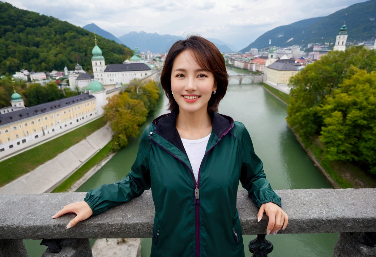 high quality, 1 woman, ((36-year-old healthy Korean woman)), ((36 years old)), 1 woman, eyes are big and beautiful. ((slim)), ((short medium hair)), Smile. pose: standing, windbreaker jacket, background:Your residence is a baroque townhouse with a plaster façade and wrought iron railings.. Overlooking the Salzach River and Hohensalzburg Fortress, looking slightly up, 1 woman, Full body shot with Canon 16-34 wide angle lens, river view, looking up the side