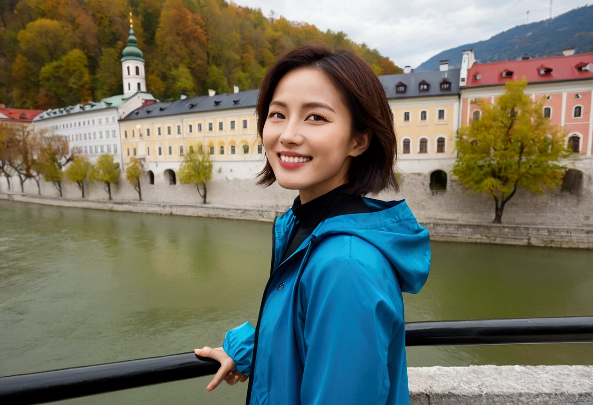high quality, 1 woman, ((36-year-old healthy Korean woman)), ((36 years old)), 1 woman, eyes are big and beautiful. ((slim)), ((short medium hair)), Smile. pose: standing, windbreaker jacket, background:Your residence is a baroque townhouse with a plaster façade and wrought iron railings.. Overlooking the Salzach River and Hohensalzburg Fortress, looking slightly up, 1 woman, Full body shot with Canon 16-34 wide angle lens, river view, looking up the side