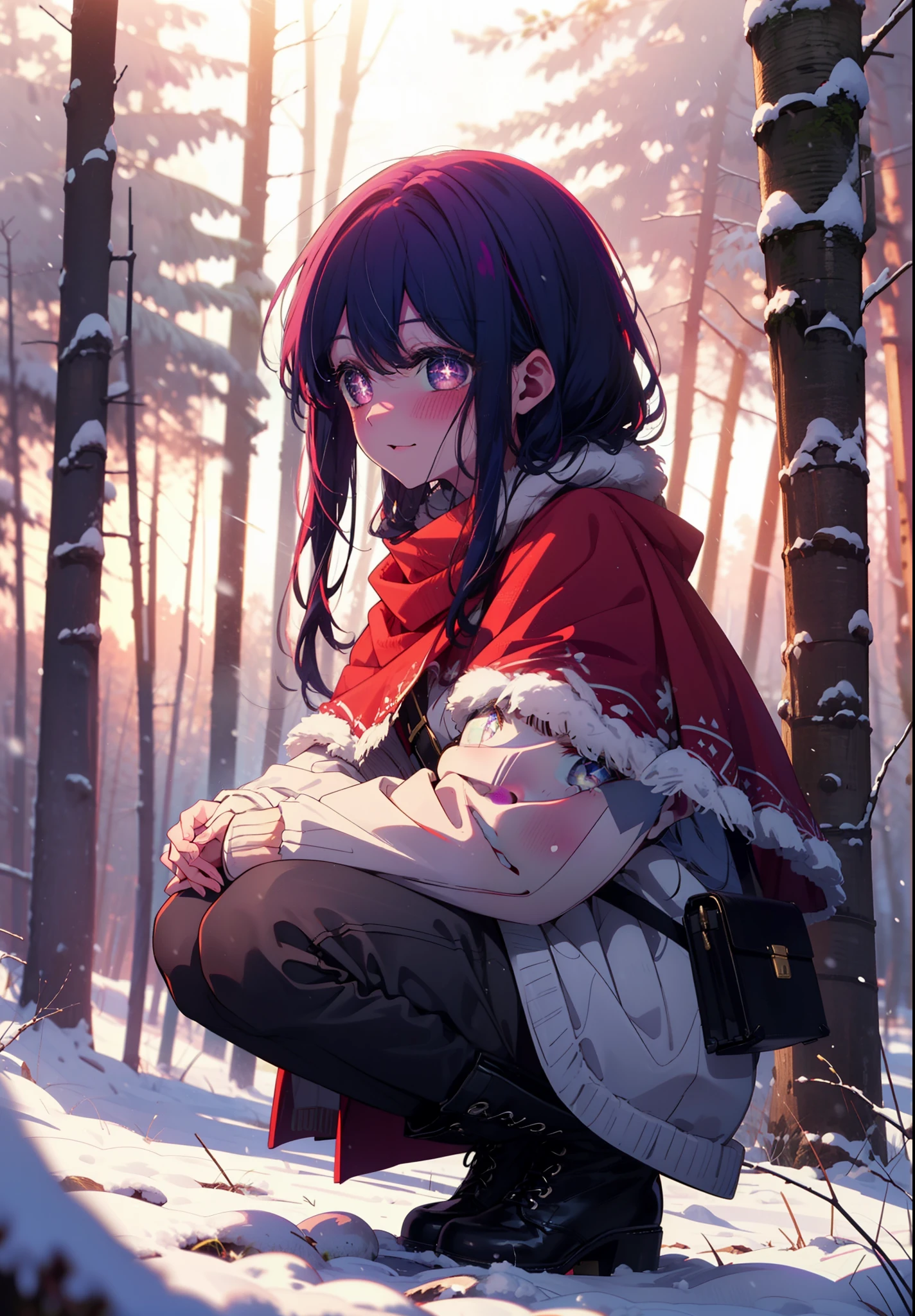 aihoshino, Ai Hoshino, Long Hair, bangs, (Purple eyes:1.1), Purple Hair, (Symbol-shaped pupil:1.5), smile,,smile,blush,White Breath,
Open your mouth,snow,Ground bonfire, Outdoor, boots, snowing, From the side, wood, suitcase, Cape, Blurred, , forest, White handbag, nature, Squat, Mouth closed, Cape, winter, Written boundary depth, Black shoes, red Cape break looking at viewer, Upper Body, whole body, break Outdoor, forest, nature, break (masterpiece:1.2), Highest quality, High resolution, unity 8k wallpaper, (shape:0.8), (Beautiful and beautiful eyes:1.6), Highly detailed face, Perfect lighting, Extremely detailed CG, (Perfect hands, Perfect ???????),