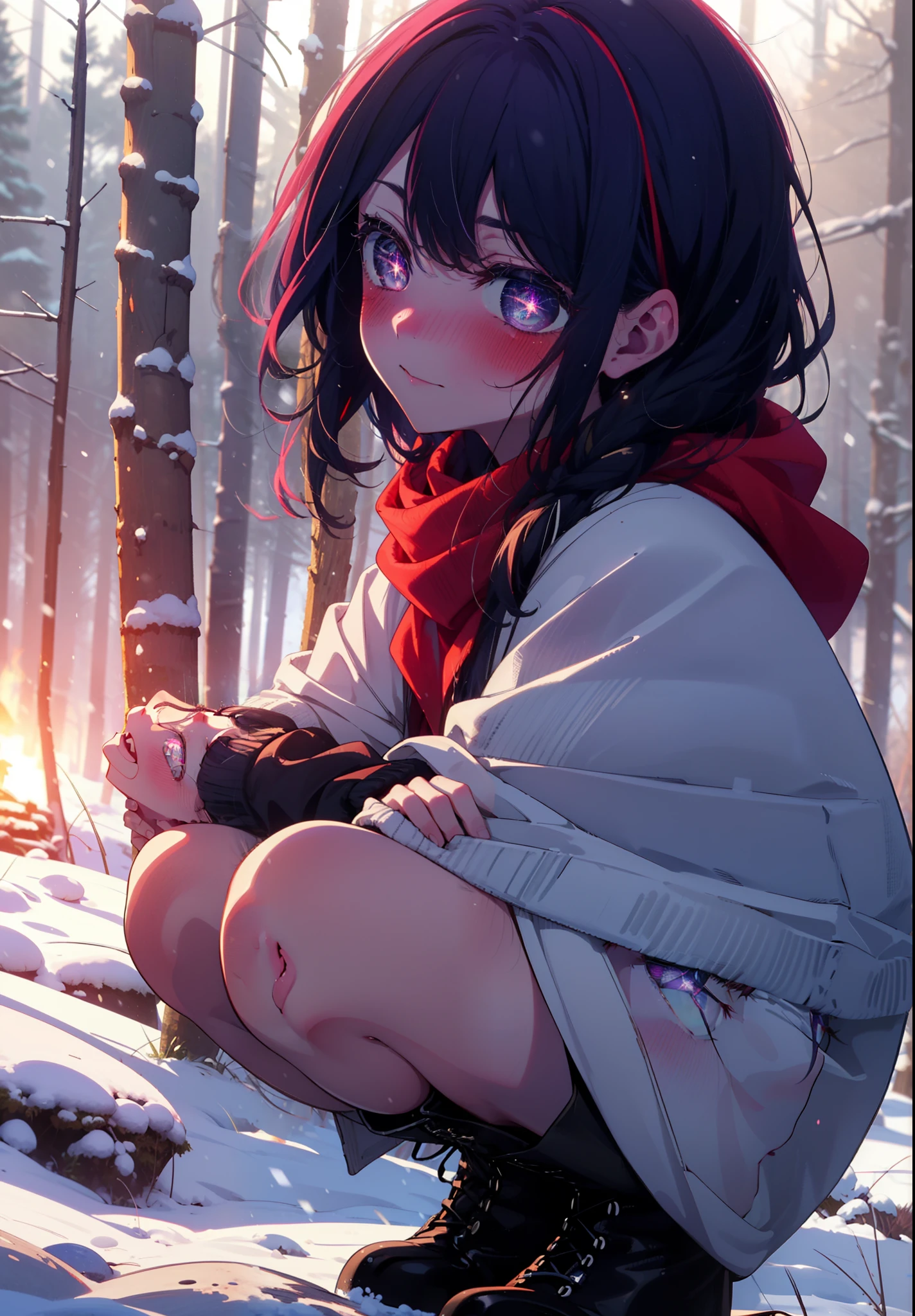 aihoshino, Ai Hoshino, Long Hair, bangs, (Purple eyes:1.1), Purple Hair, (Symbol-shaped pupil:1.5), smile,,smile,blush,White Breath,
Open your mouth,snow,Ground bonfire, Outdoor, boots, snowing, From the side, wood, suitcase, Cape, Blurred, , forest, White handbag, nature, Squat, Mouth closed, Cape, winter, Written boundary depth, Black shoes, red Cape break looking at viewer, Upper Body, whole body, break Outdoor, forest, nature, break (masterpiece:1.2), Highest quality, High resolution, unity 8k wallpaper, (shape:0.8), (Beautiful and beautiful eyes:1.6), Highly detailed face, Perfect lighting, Extremely detailed CG, (Perfect hands, Perfect Anatomy),