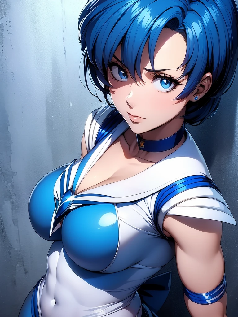 Sailor mercury in full police suit,long blue hair,Blue Power Ranger, hurricane ,Sexy goth woman big breast, character sheet,inside a pool,High Resolution, Large breasts,