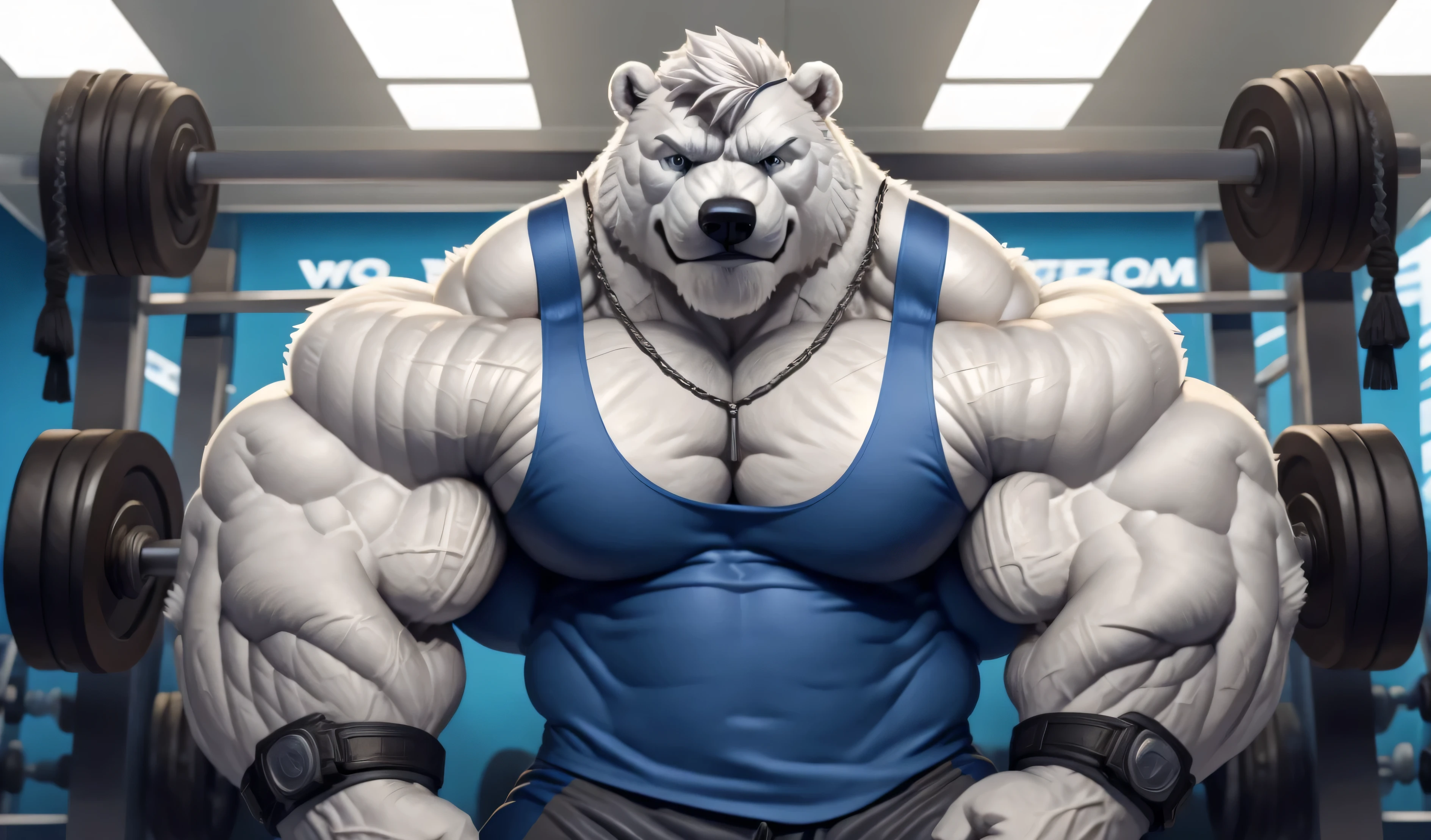 solo, 1boy, correct anatomy, perfect anatomy, (furry white bears, polar bear,) perfect proportion, big eyes, wide chest, bulky, bulk, bulge, happy. Huge Muscular Old man at the gym working out,(blue shorts, blue tank top), view from side, pectoral, thick arms, huge pectoral, huge white fur, wide pectoral, gym fitness center background, masterpiece, semirealistic:1.2, high detailed, 8k, high resolution, perfect center, full view. ((really big muscle, massive muscular, sixpack, thick arms, wide pectoral, super huge muscle, hyper muscular, over sized muscle, huge arms, big arms, huge pectoral))